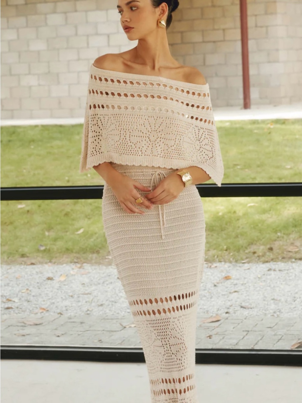 Crochet Maxi Dress in Cream with Caplet - Picture 4 of 11
